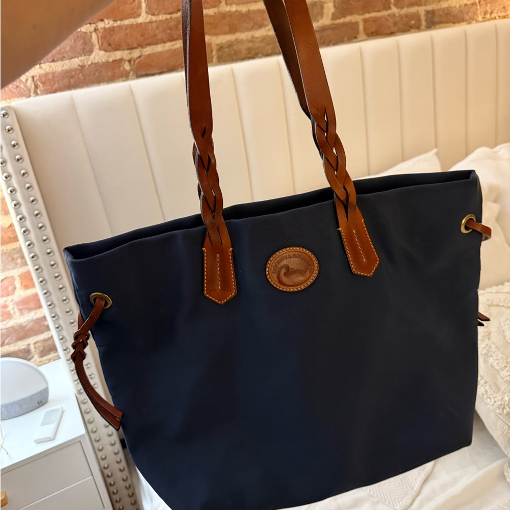 Dooney & Bourke Navy Tote with Tan Straps